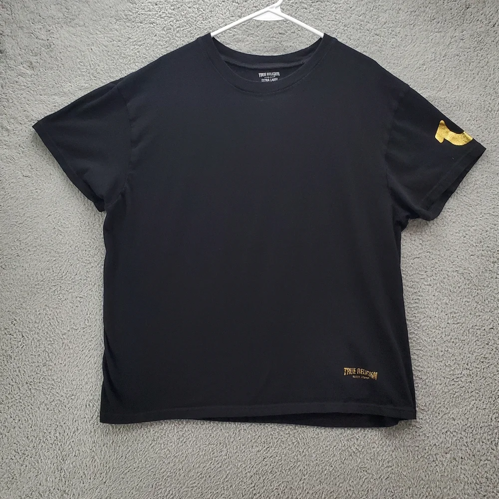 True Religion T Shirt Mens XL Black Gold Logo